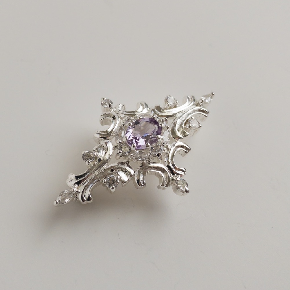 Vintage JC 925 Sterling Silver Amethyst Brooch Pin with Clear Crystal Rhinestone